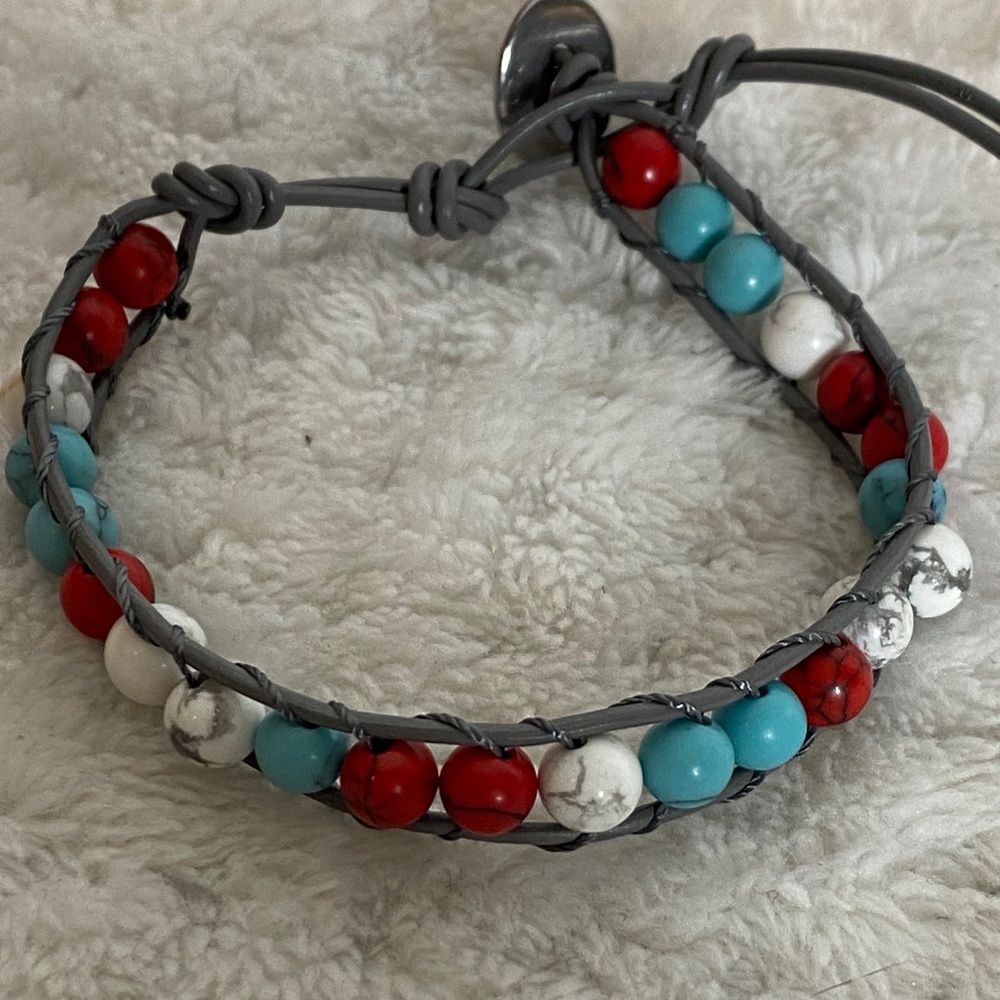 Beaded Aqua Pura Bracelet with Red, Blue, and White Beads